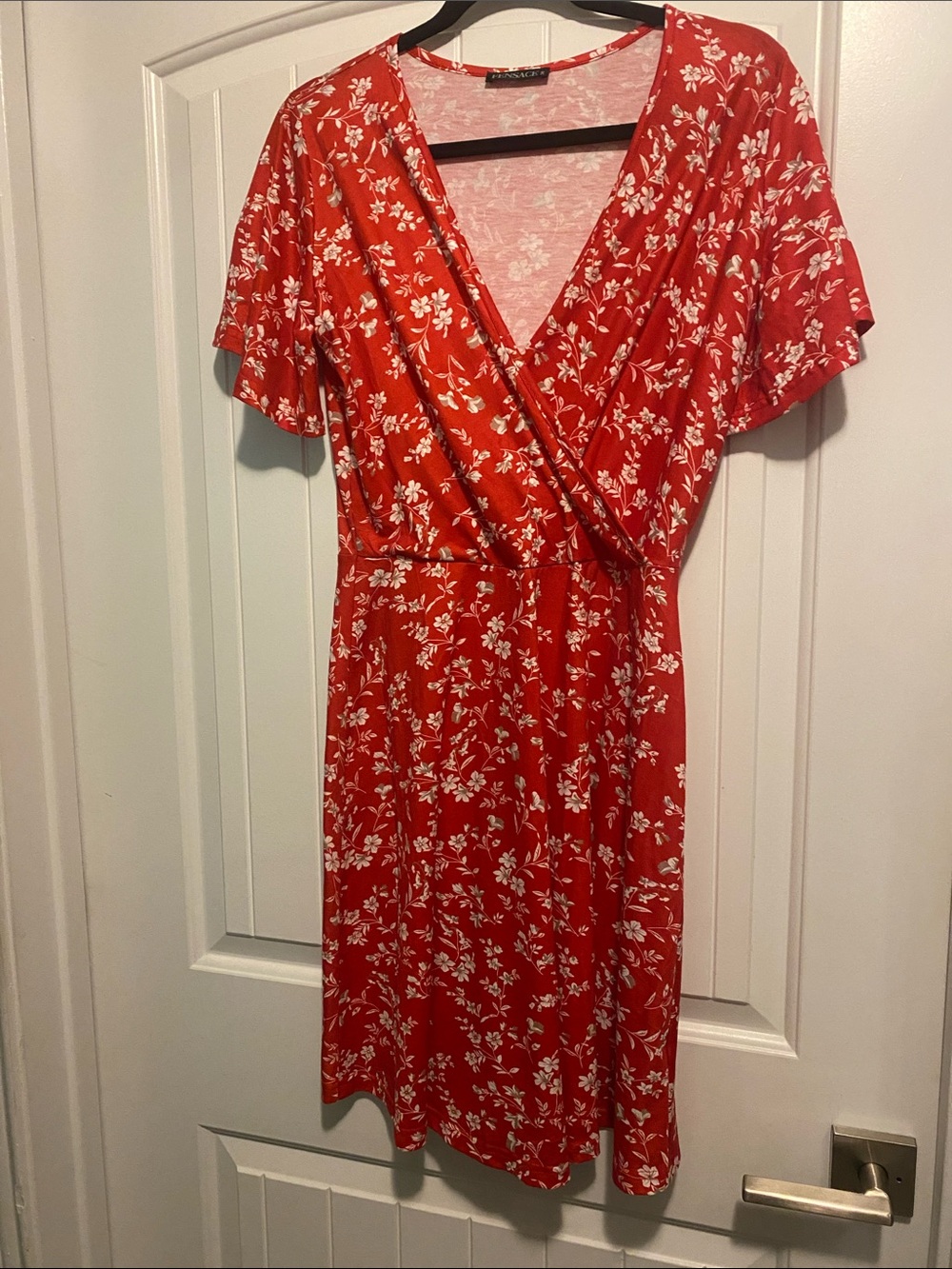 Red Floral Wrap-Style Dress with White Print